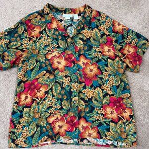 Sweetbriar Shirt Womens L Tropical Teal Floral Tiki Vintage Made in USA Hawaiian
